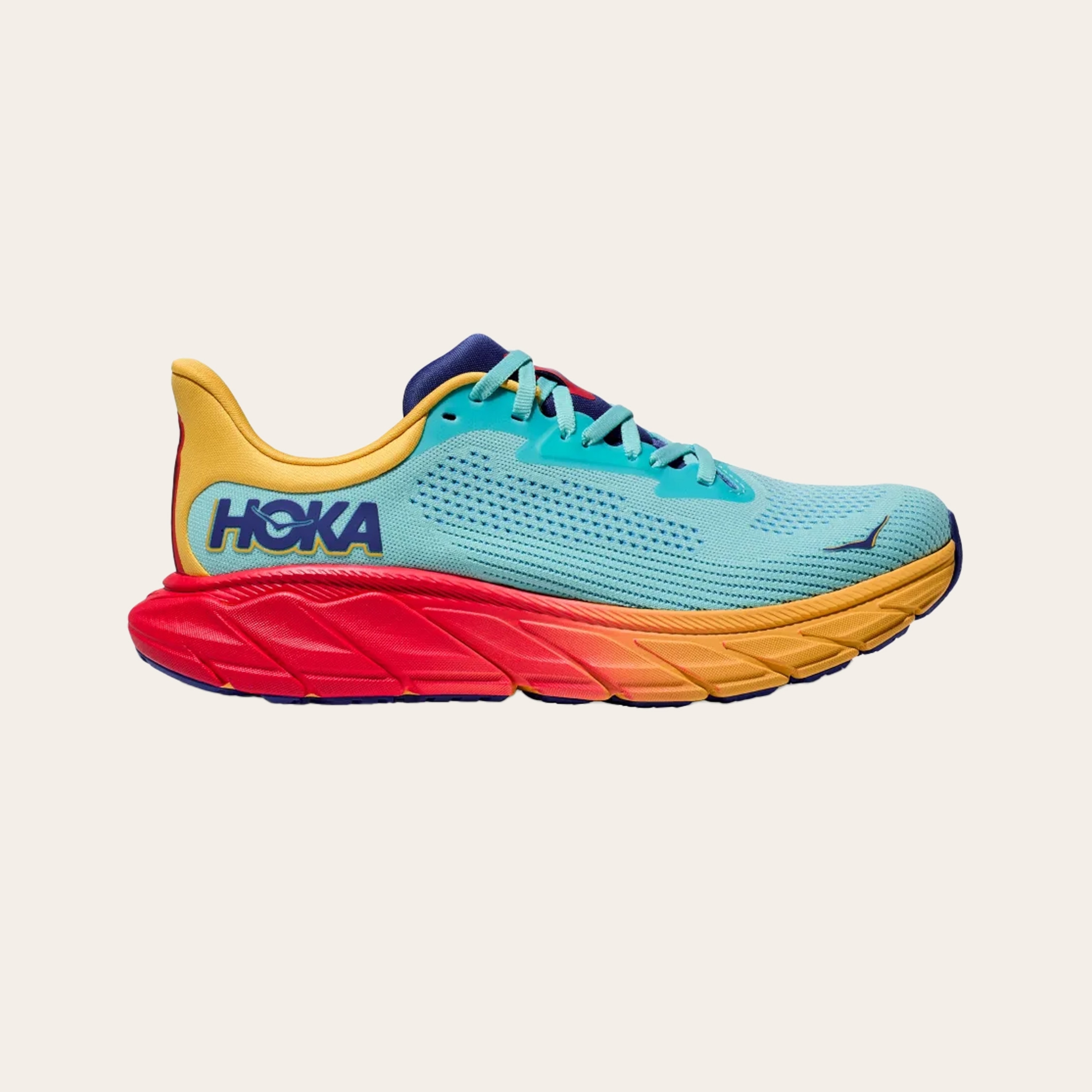 A multicolor red, yellow, and blue HOKA Arahi 7 running shoe.