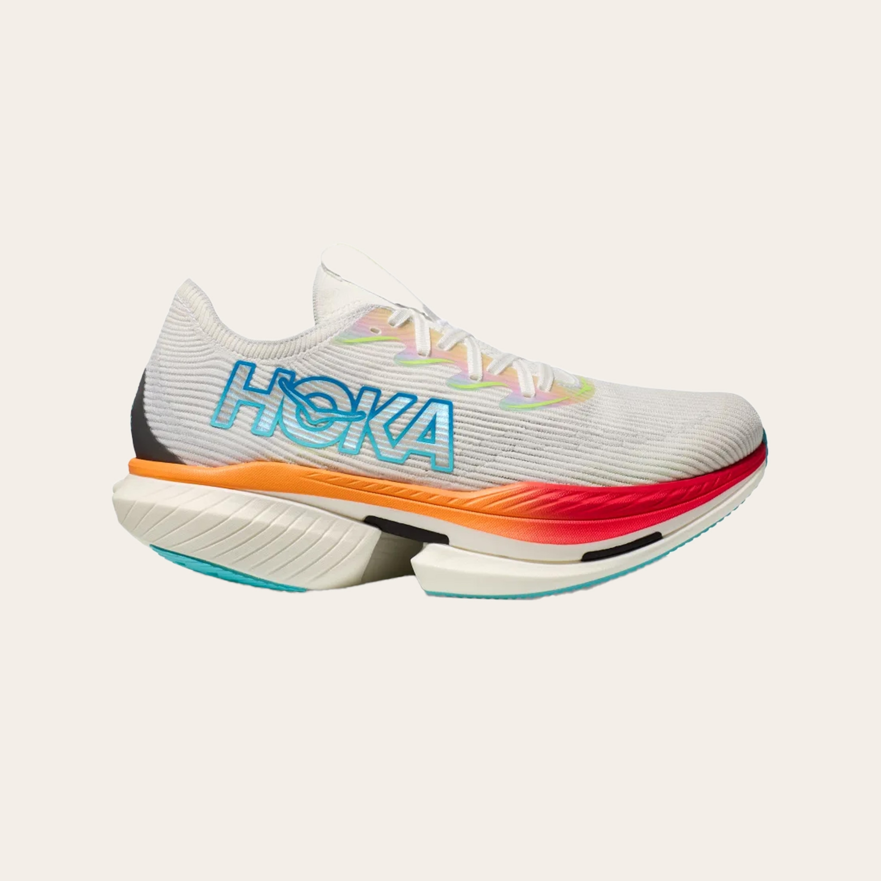 A multicolor Hoka Cielo X1 running shoe.