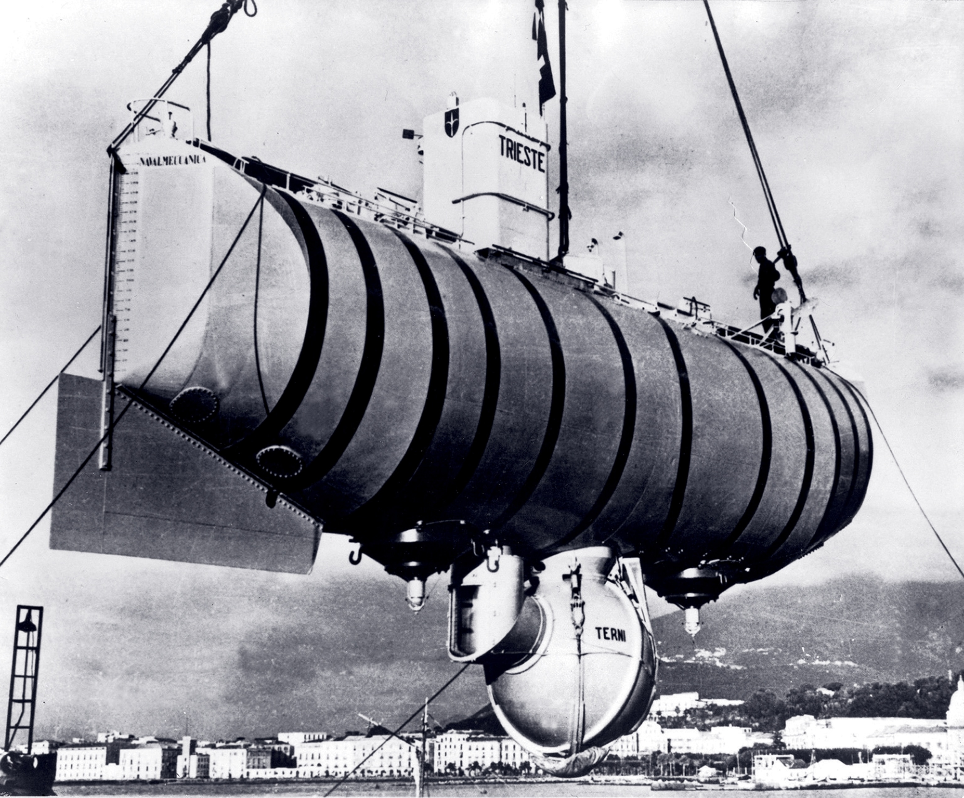 a black and white photo of Challenger Deep above water.